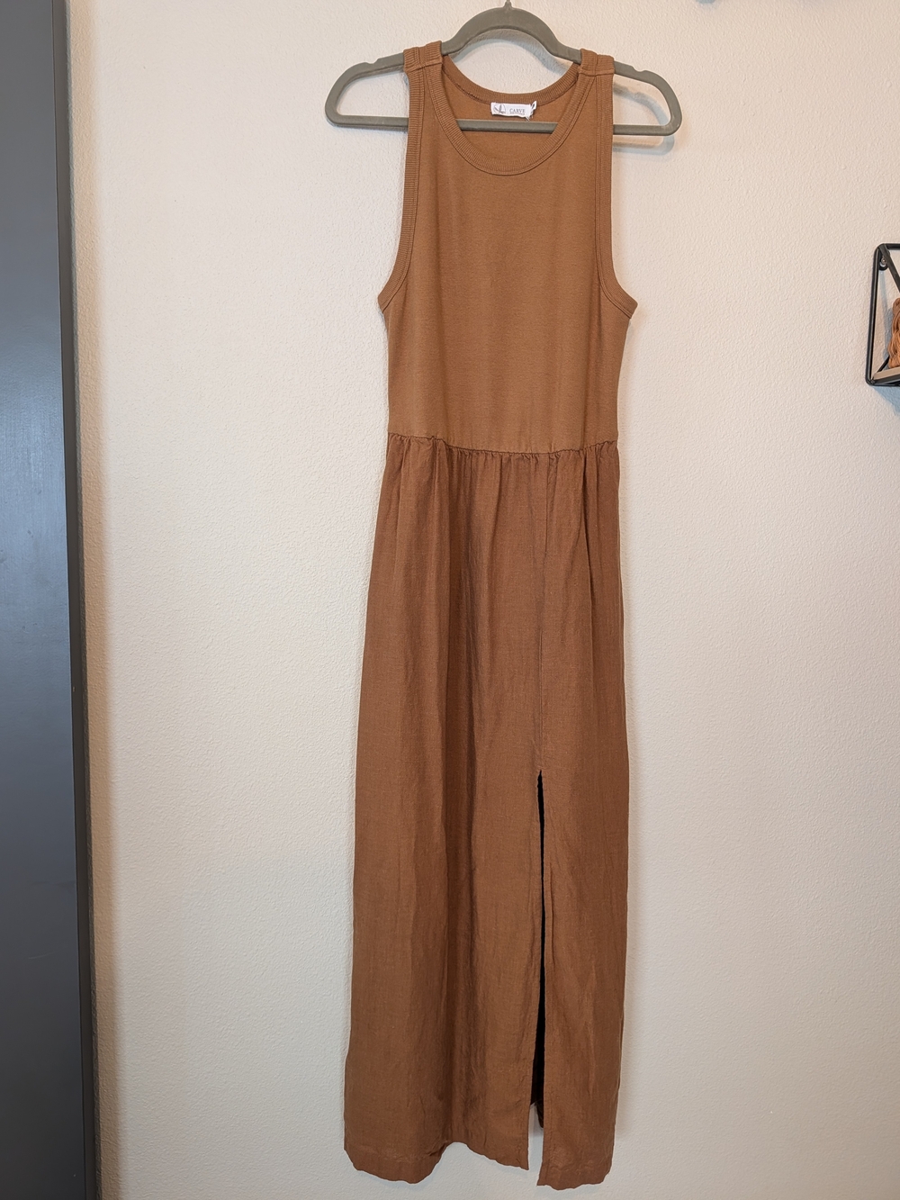 Carve Designs Linen Tencel Mixed Media Midi Dress Caramel Brown /Mustard- Size L